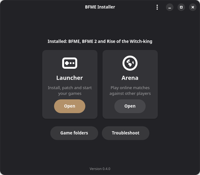 The BFME Installer home screen with Launcher and Arena cards